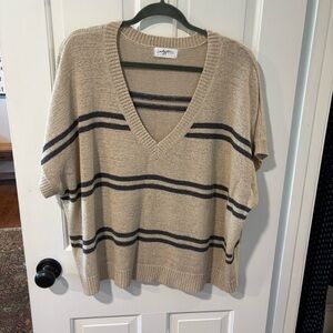 Carly Jean Los Angeles Beige and Charcoal V-Neck Top